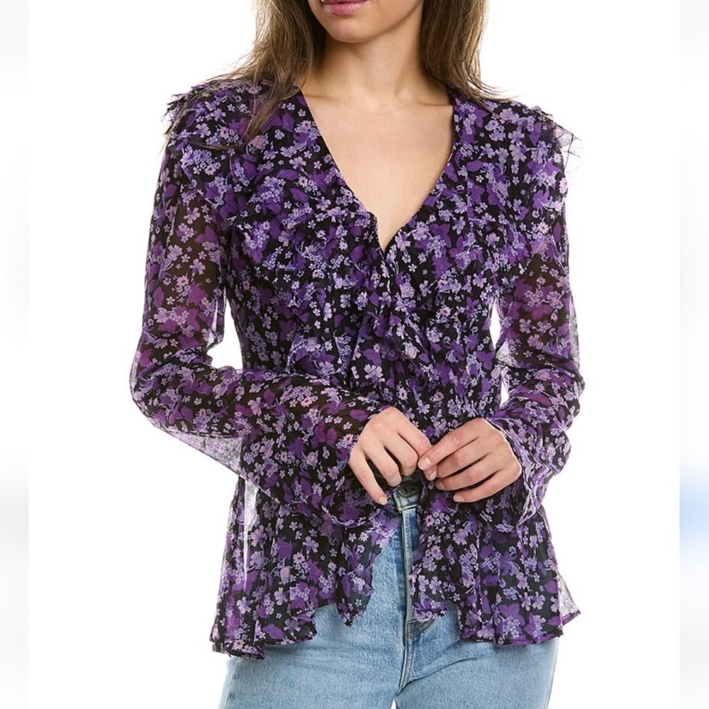 Free People Purple Floral Ruffle Sheer Blouse